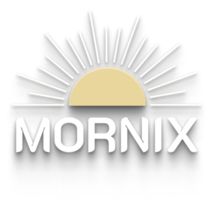 Mornix Coffee logo with a rising sun and bold white text, representing high-quality coffee and accessories for a perfect start to the day.